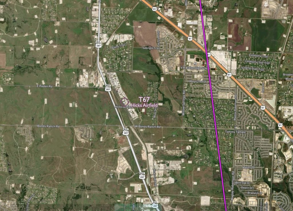 Aerial view of T67.  Magenta line is the approach into KFTW.
